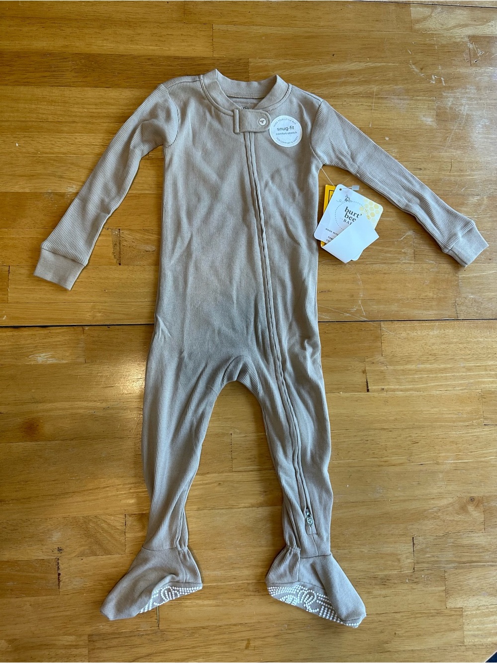 Burt's Bees Beige Ribbed Footed One-Piece Zipper Pajama